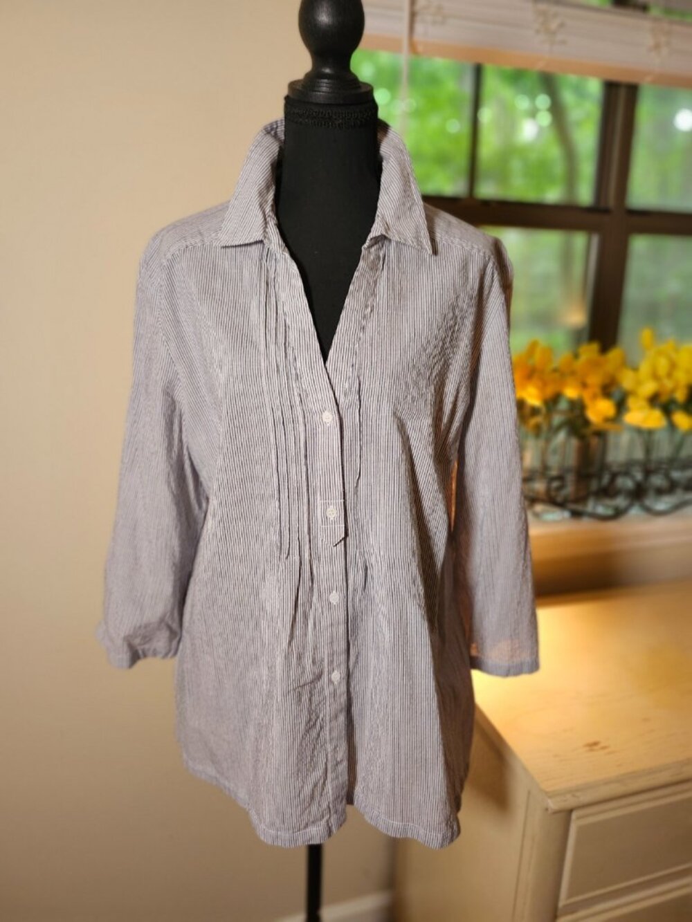 Chicos 3 Blue Pinstripe Tuxedo Pleat Cotton Blouse Coastal Grandma Resort Beach
